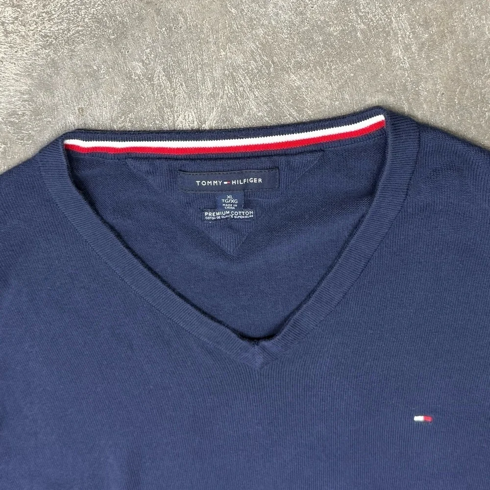 Tommy Hilfiger Navy V-Neck Knit Sweater Classic Flag Logo